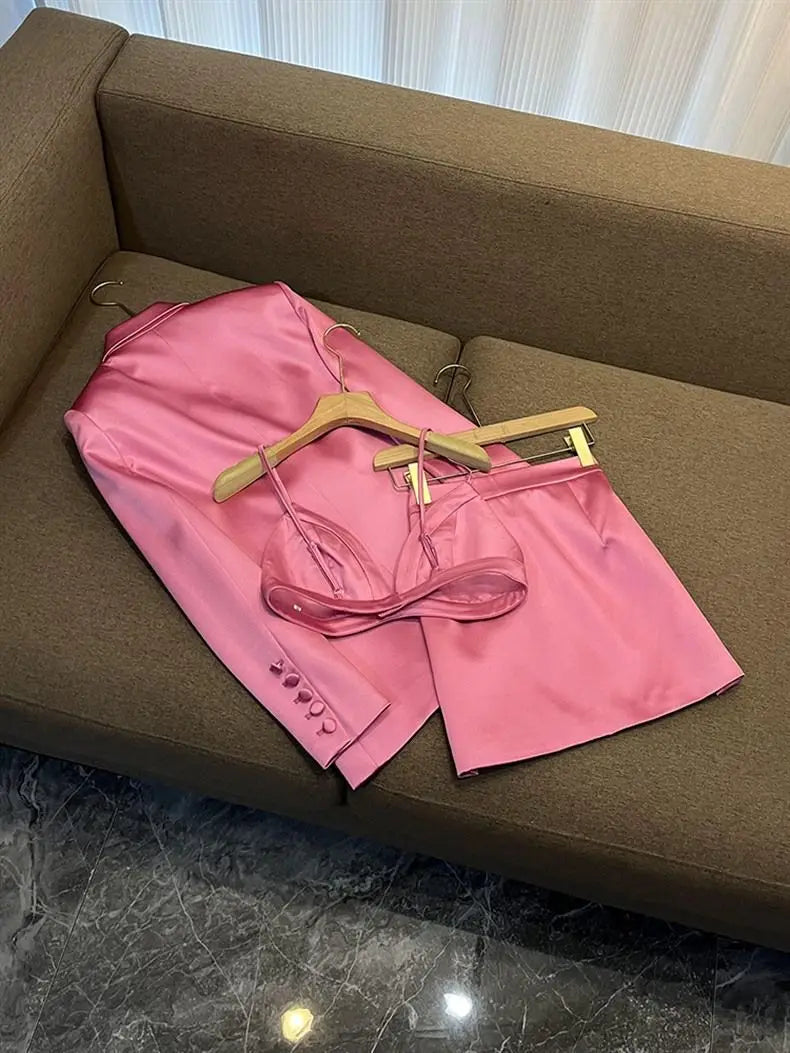 Elegant Pink Long Sleeve Blazer And Short Skirt Set For Women