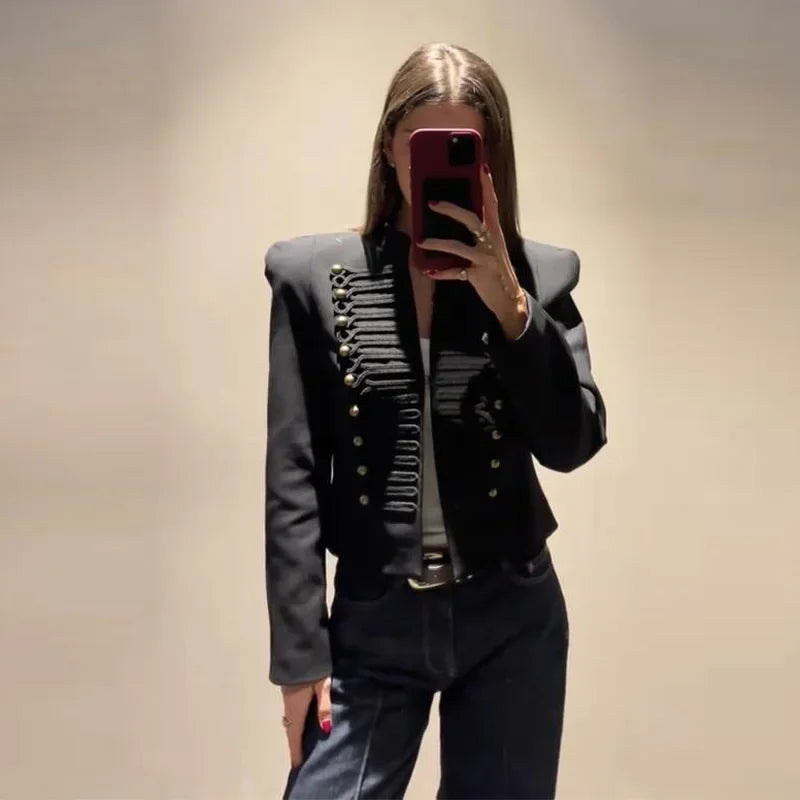 Chic Shoulder Padded Stand Collar Full Sleeve Blazer for Women