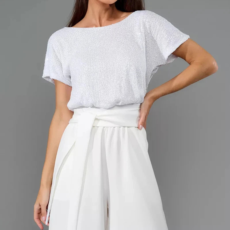 Sequin Patchwork High Waist Jumpsuit with Short Sleeves for Women