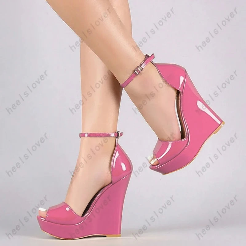 Glossy Peep Toe Platform Wedge Sandals With Buckle Strap For Women