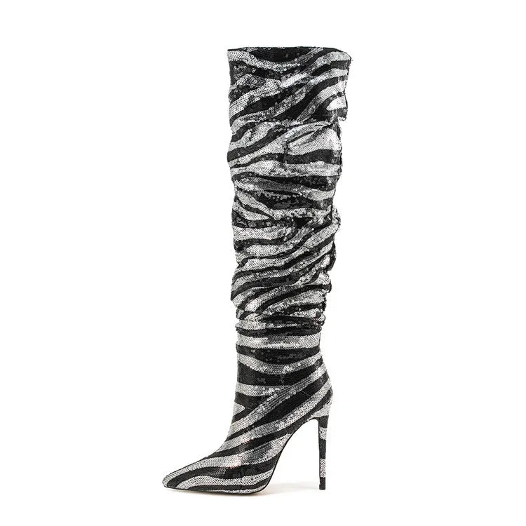 Sequined Pointed Toe Knee High Heeled Boots for Women