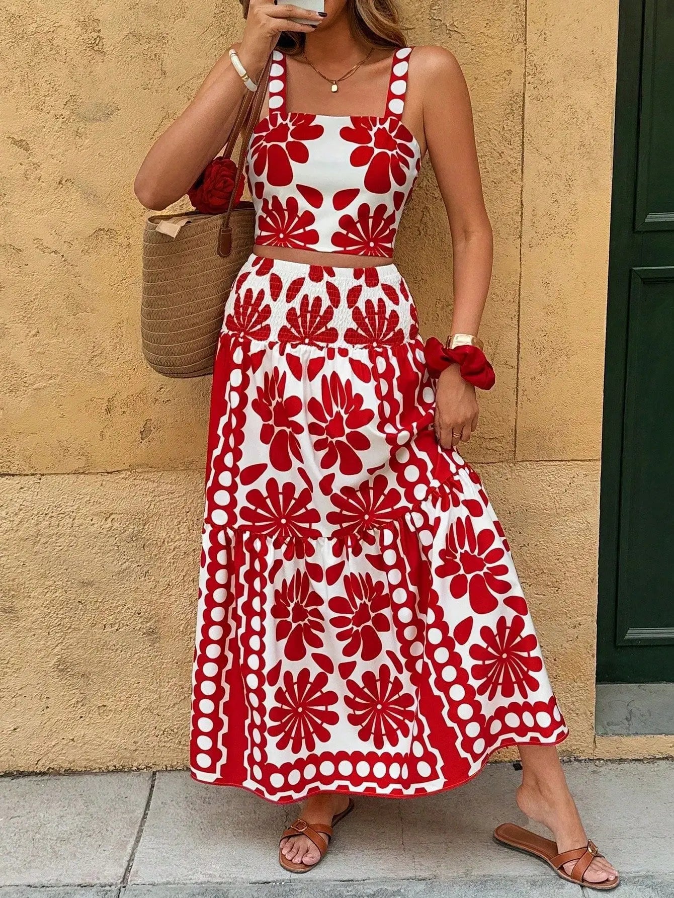 Boho Backless Vintage Print Cami Top And Maxi Skirt Set for Women