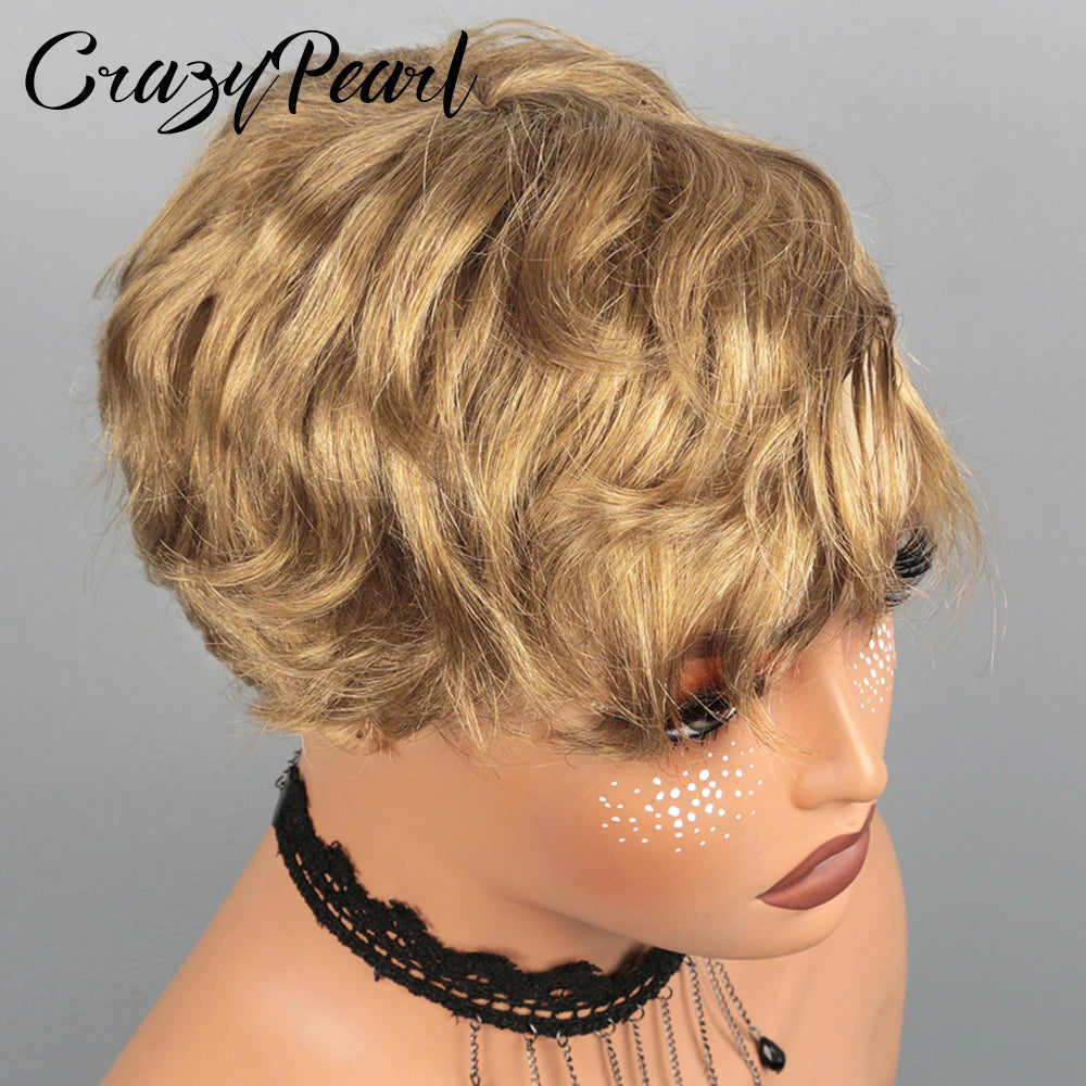 Light Brown Glueless Pixie Cut Human Hair Wig for Women