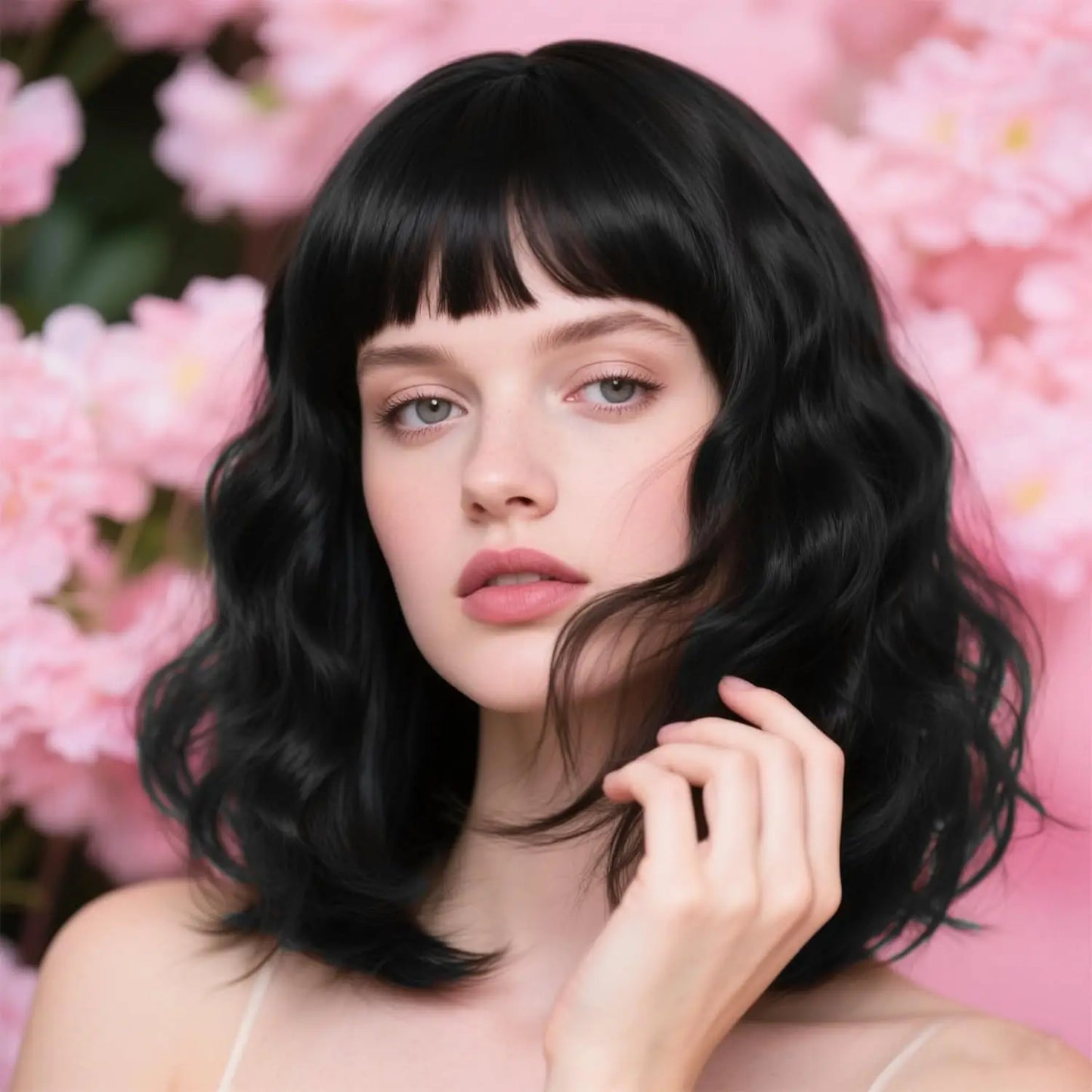 Natural Brown Synthetic Curly Wavy Bangs Bob Wig for Women