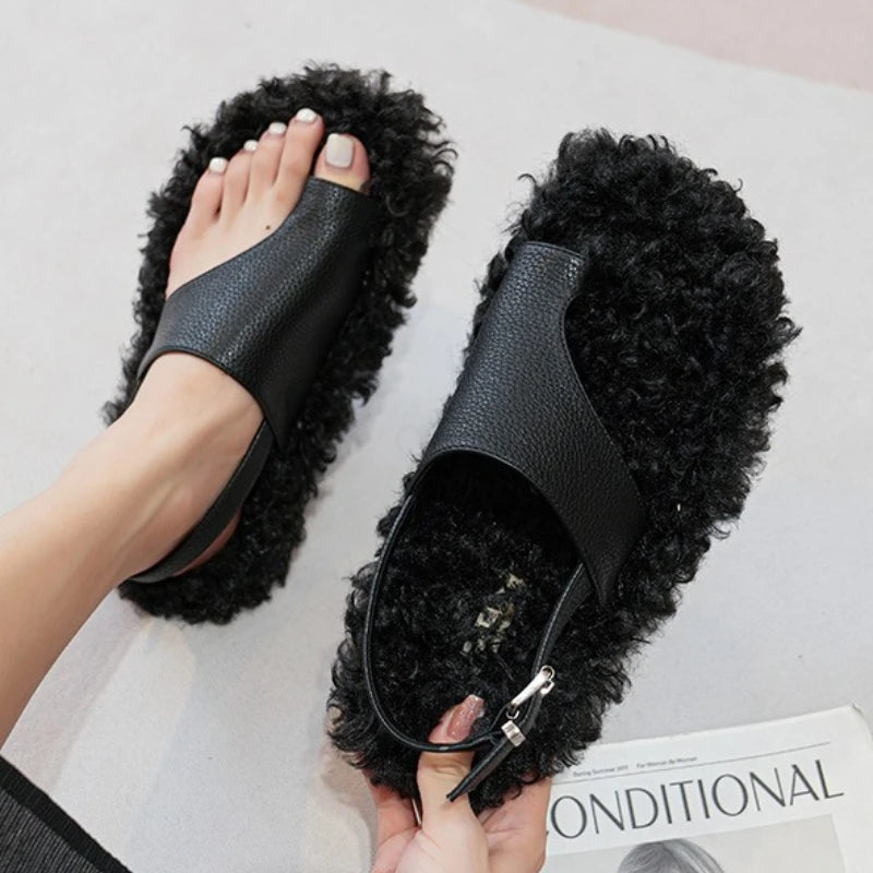 Cozy Plush Buckle Strap Flat Toe Slippers for Women