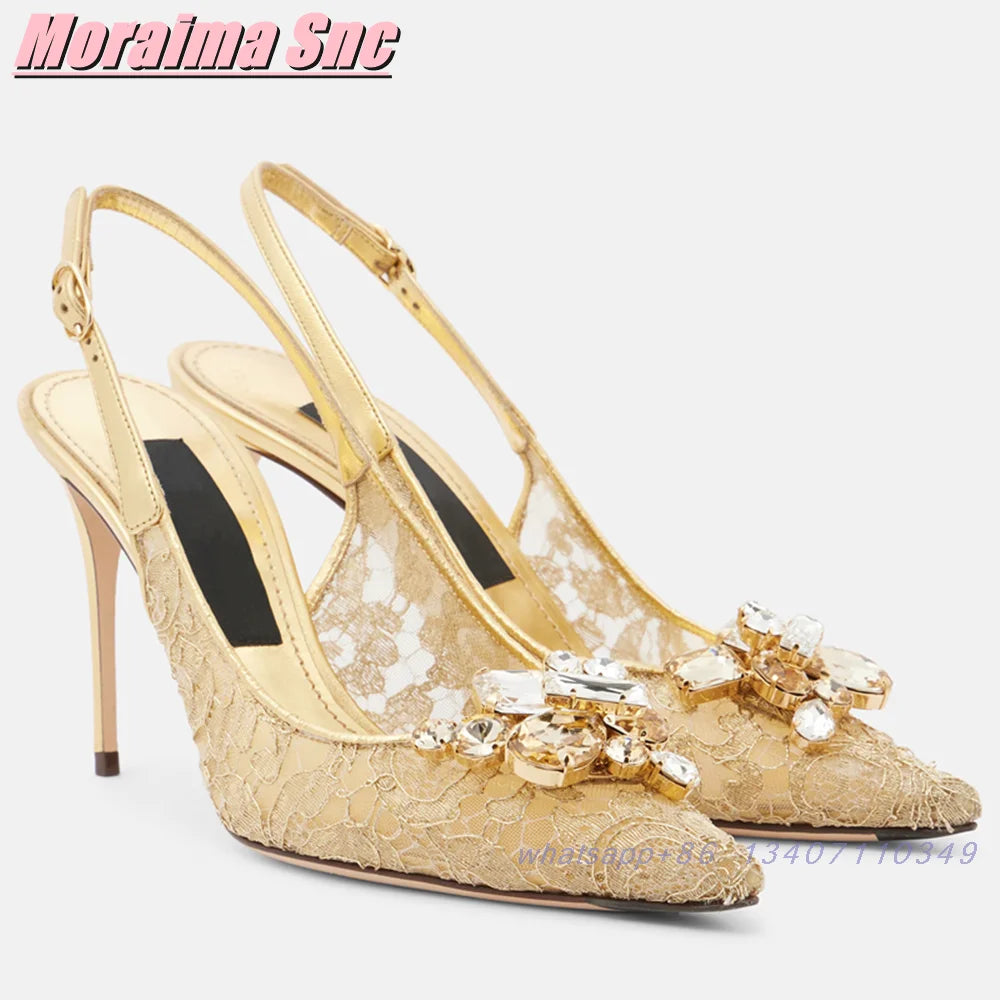 Elegant Crystal Lace Pointed Toe Slingback Sandals for Women