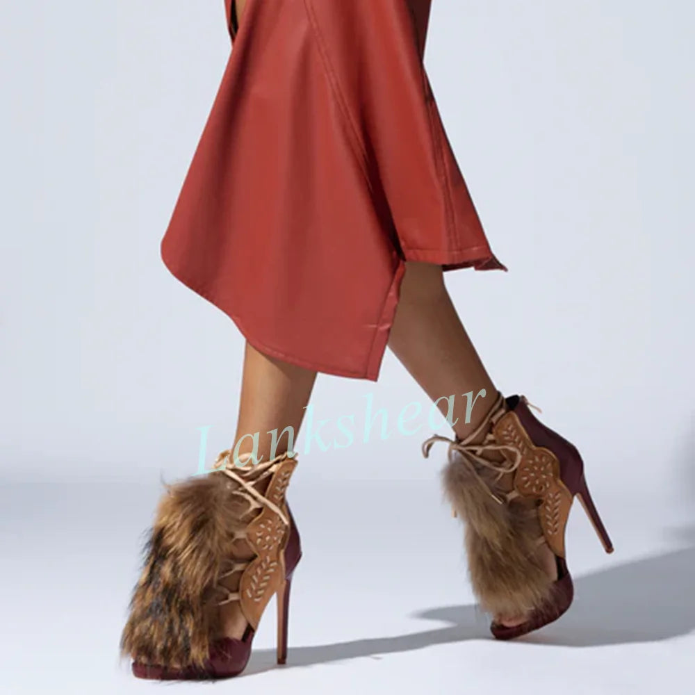 Open Toe Beige Suede Cutout Lace Up Faux Fur Trim Sandal Boots New for Women