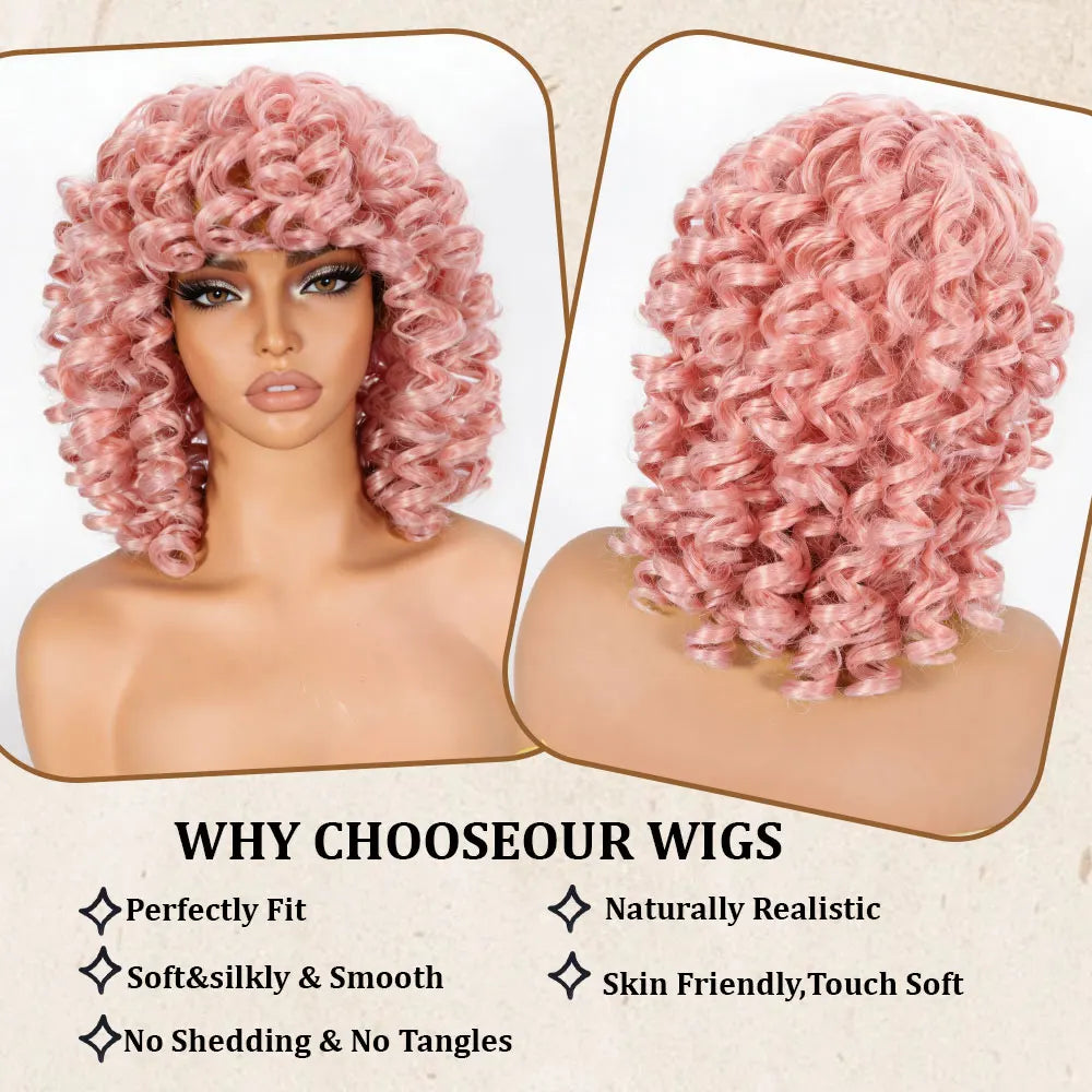 Soft Pink Short Afro Curly Bangs Synthetic Wig for Women