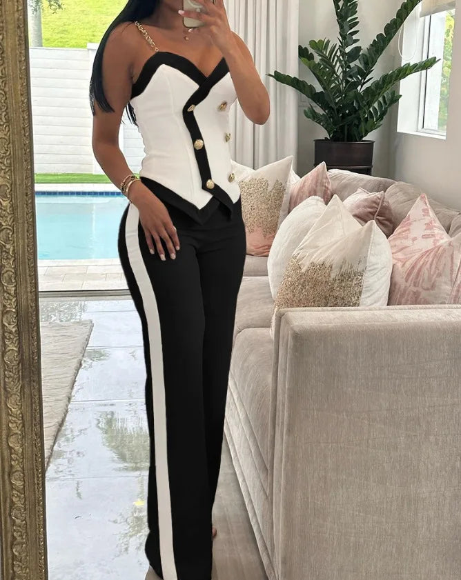 V-Neck Metal Suspender Top Two-Piece Set for Women