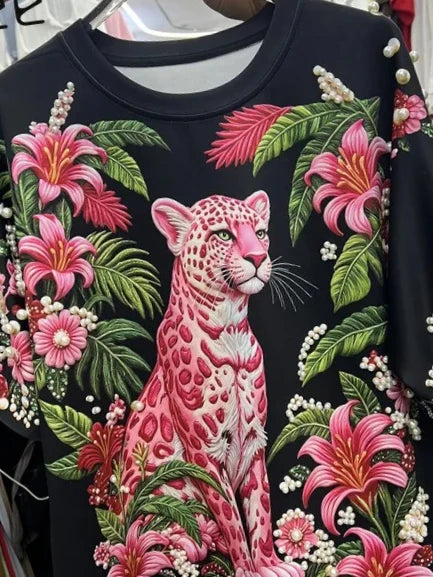 Relaxed Fit Beaded Animal Print Crew Neck Tee For Women