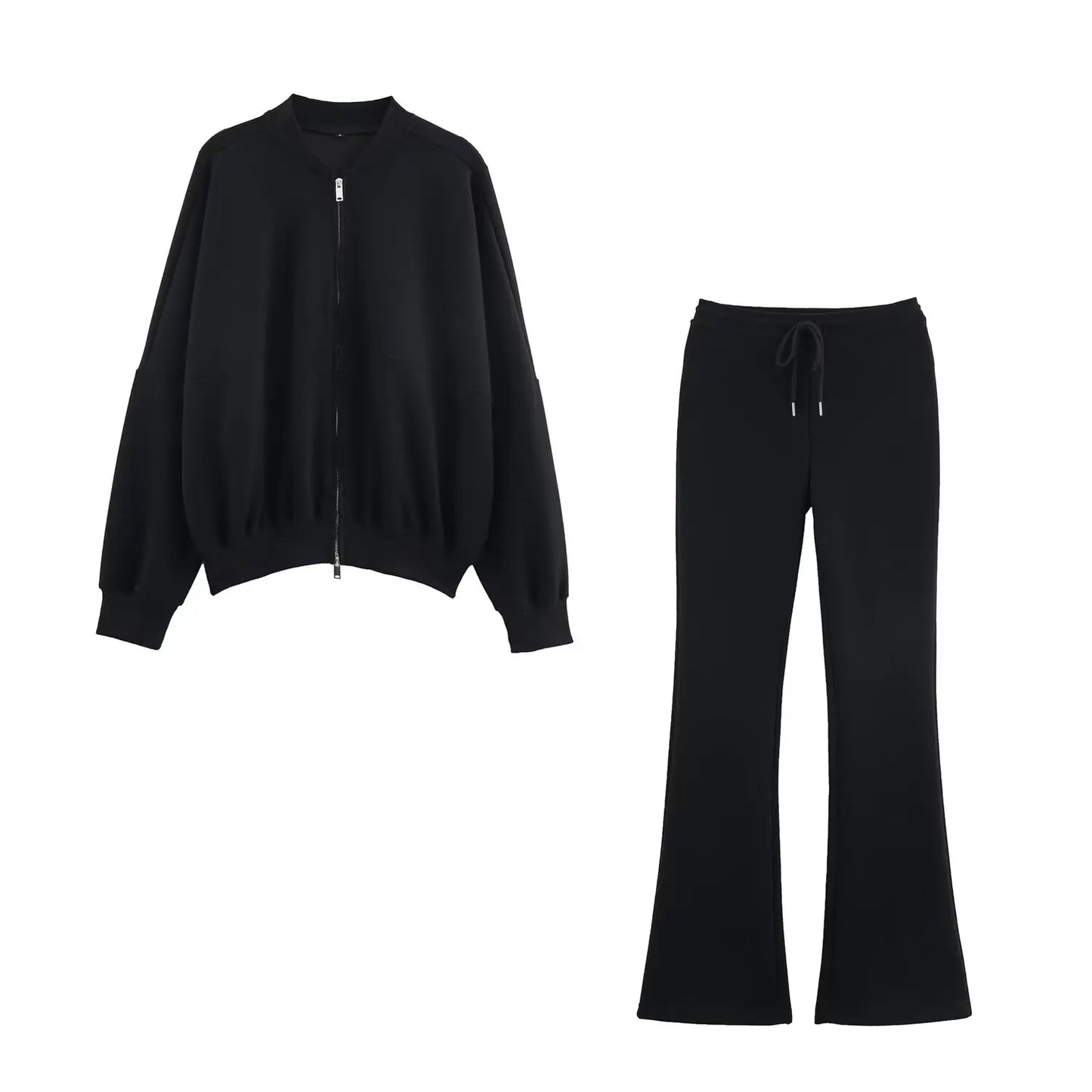 Solid Color Pilot Jacket and Lace-Up Flared Pants Two-Piece Set for Women