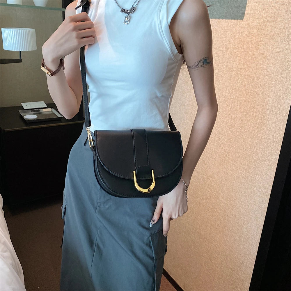 Solid Color Leather With Golden Hardware Saddle Shoulder Bag for Women