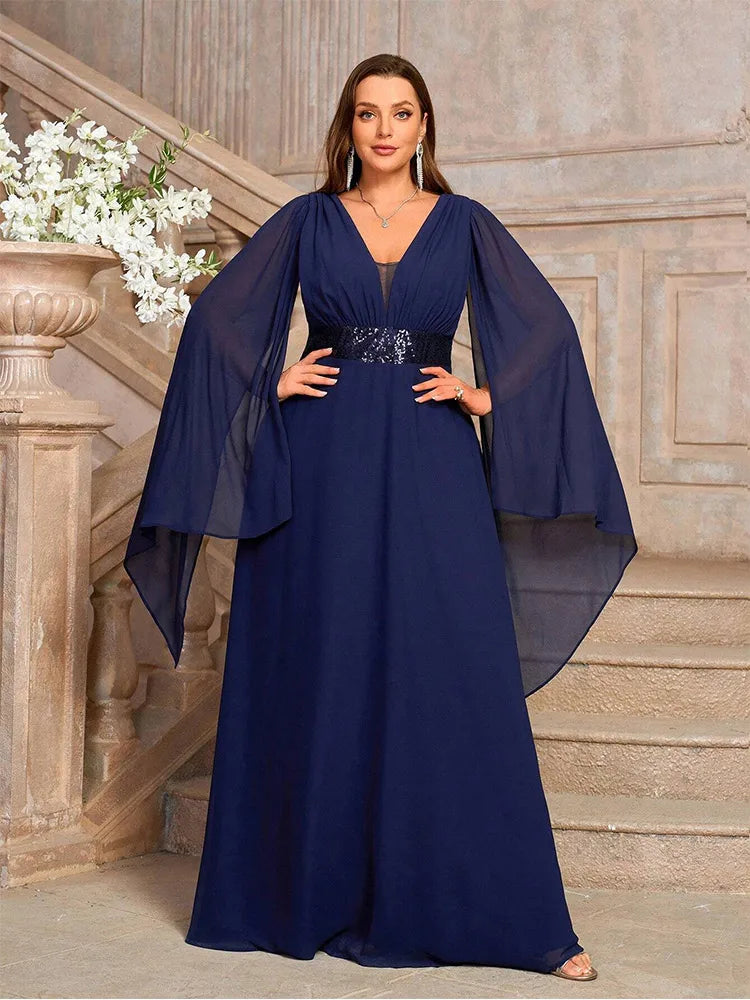 Plus Size V-Neck Chiffon Prom Gown With Shawl
