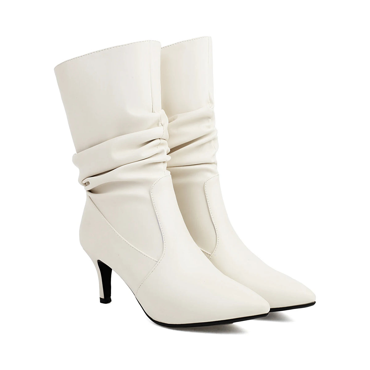 Metallic Pleated Pointed Toe Mid-Calf Stiletto Boots for Women