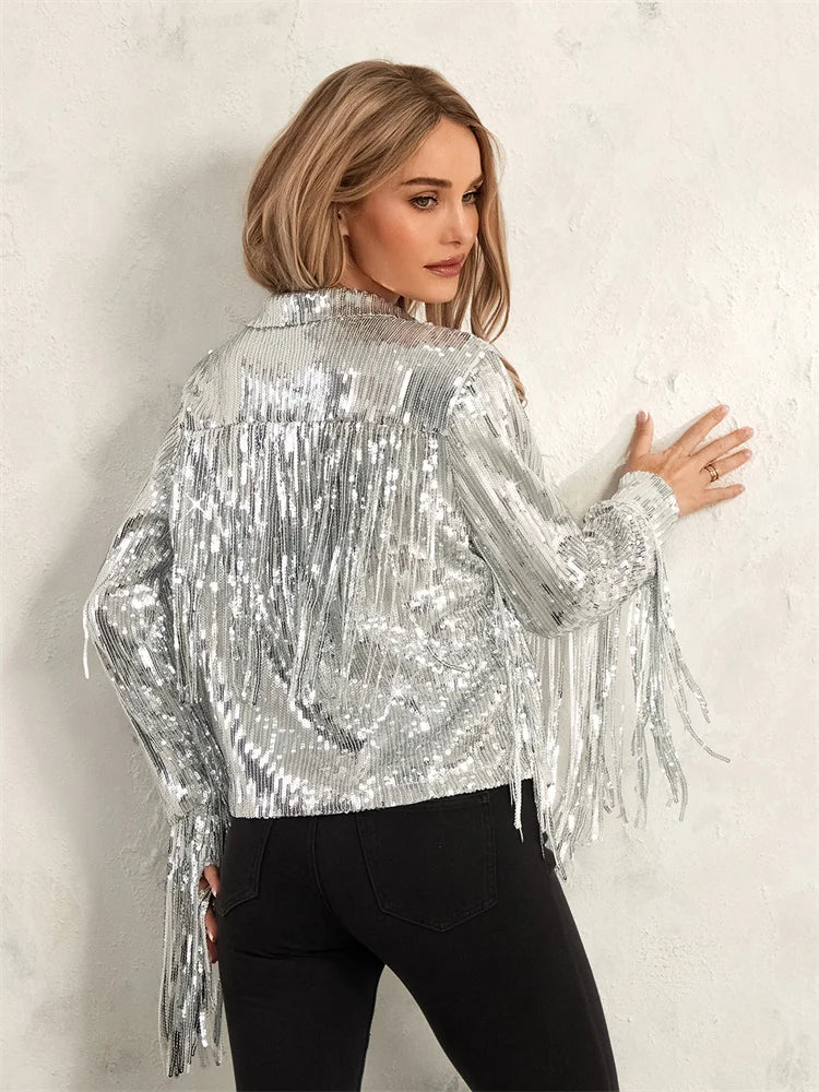 Glam Eighties Inspired Sequin Tassel Lapel Open Front Jacket for Women
