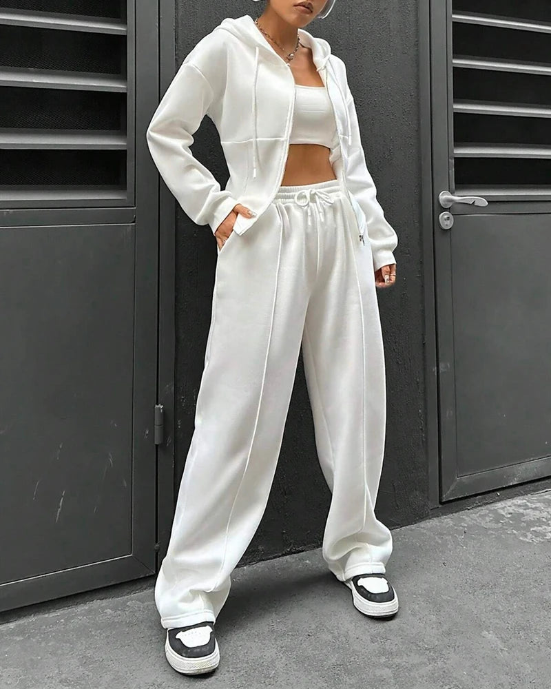 2 Pieces Pants Set Long Sleeve Zip Fly Slim Fit Hooded Top and Casual Wide Leg Pants Set