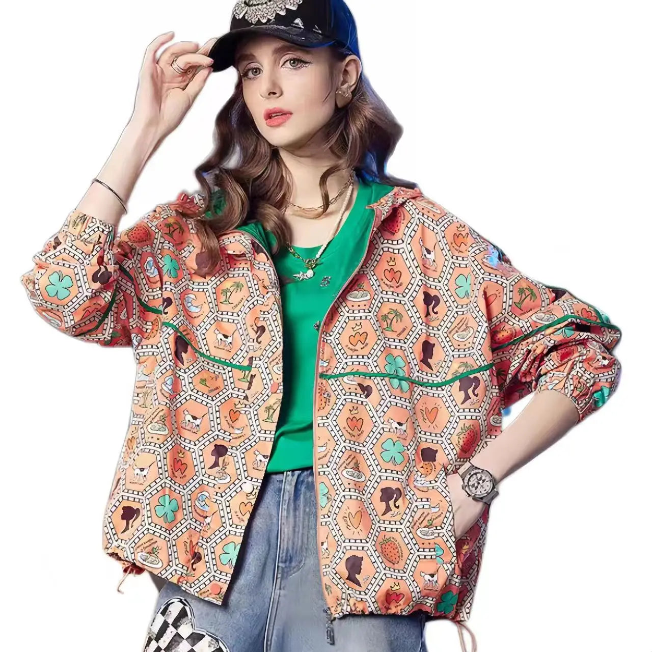 Women's Hooded Zipper Jacket, Casual Outerwear, Loose Tops, Print Doodle Coats, Female Clothing, Autumn, Winter, New