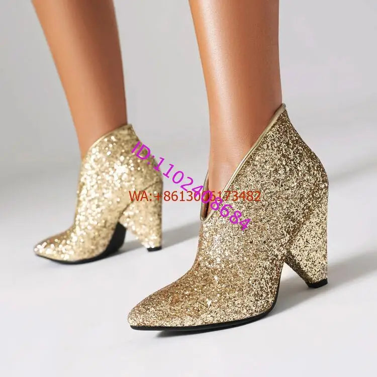 New Blingbling Pointed Toe Women Chunky Spike Heel Sequins Ankle Boots V Open Slip On Spike Heel Pointy Sequined Boots Size 43