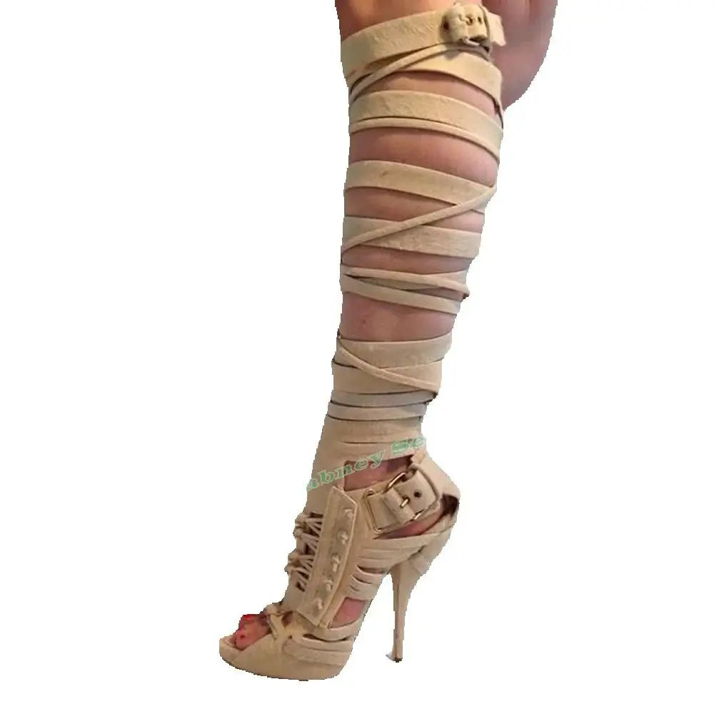 Open Toe Zippered Leather Stiletto Knee High Sandals For Women