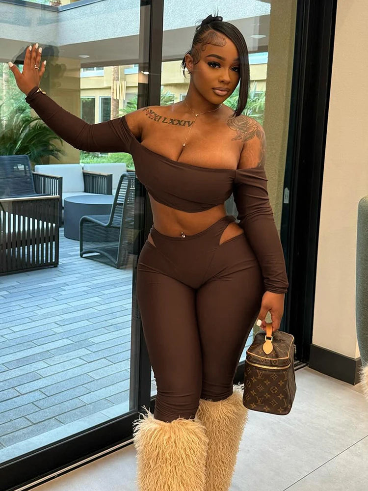 Slash-Neck Crop Top Two-Piece Set