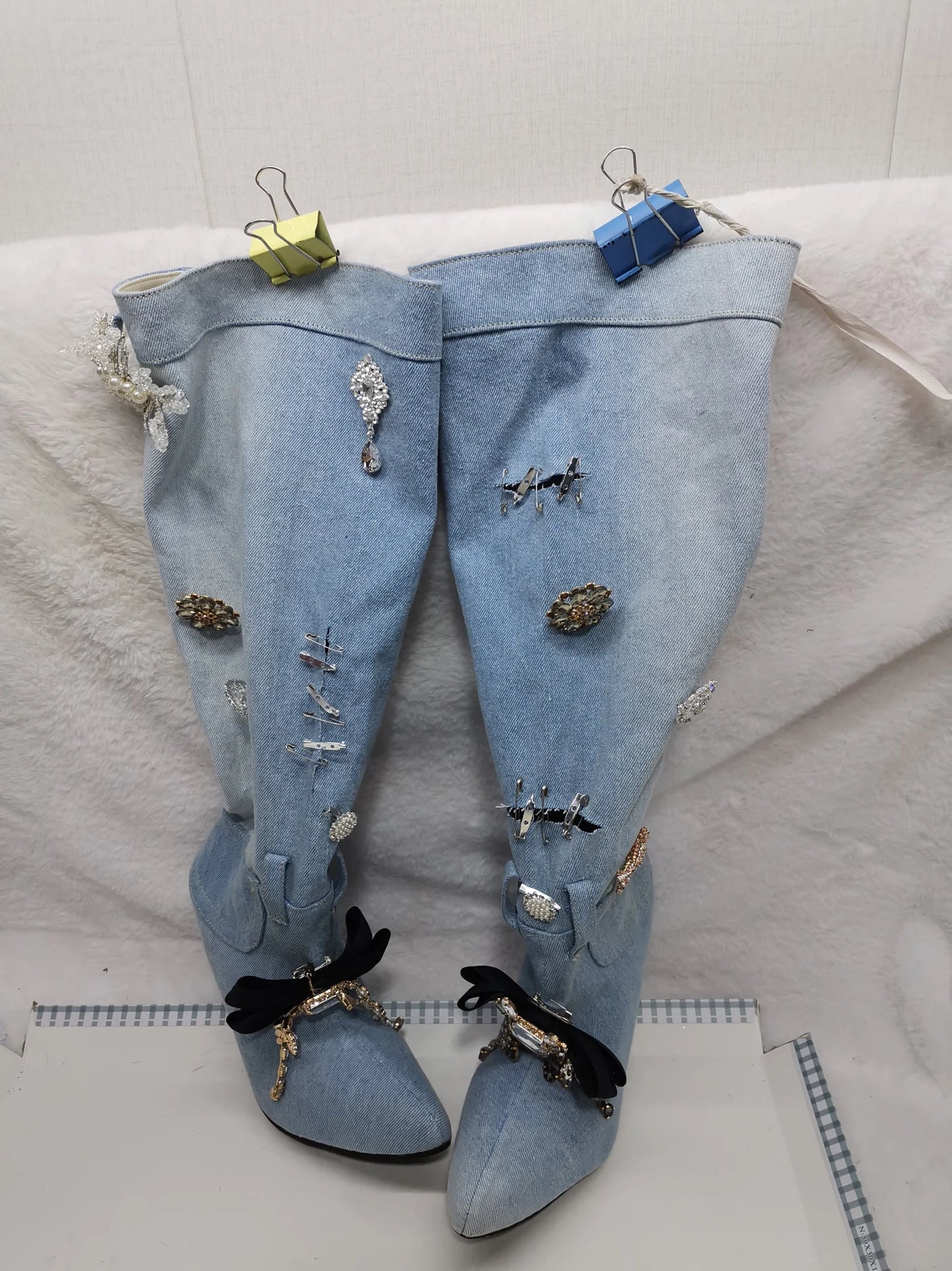 Blue Crystal Embellished Denim Knee High Boots for Women