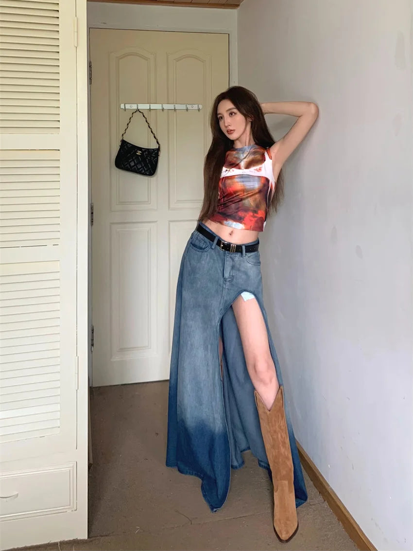 Gradient Wash High Waist Split Denim Long Skirt for Women
