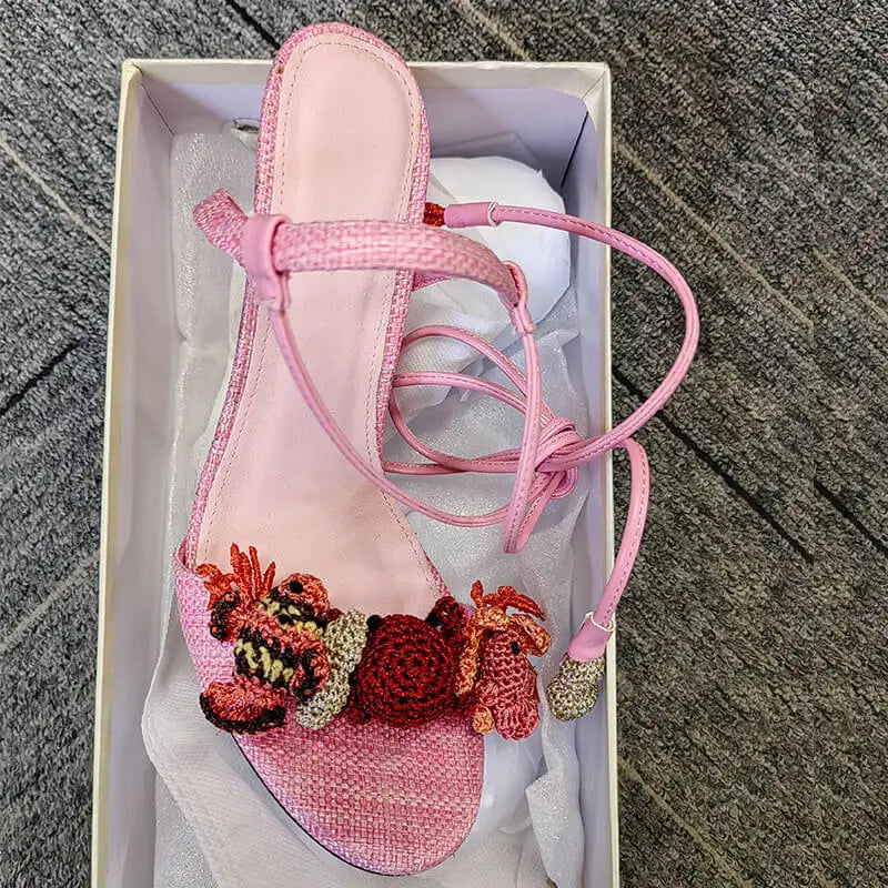 Pink Lace-Up Ankle Wrap Stiletto Sandals for Women