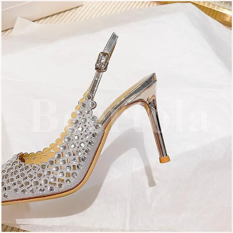 New Rhinestones Woman Sandals Diamond Pointed Toe Shallow Thin High Heels Back Strap Stilettos Female Wedding Bride Sandals
