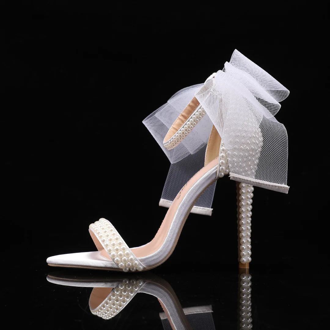 Elegant Pearl Beaded Mesh Bowknot Sandals for Women