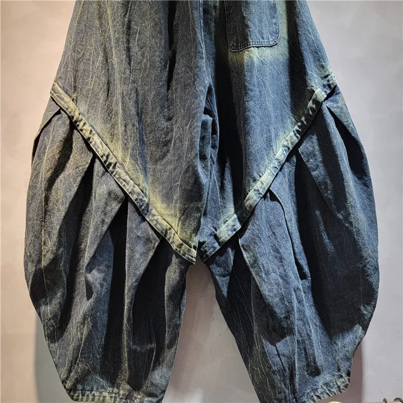 YEAE personalized exaggerated crotch pants women's 2024 autumn new elastic waist loose large size lantern denim pants