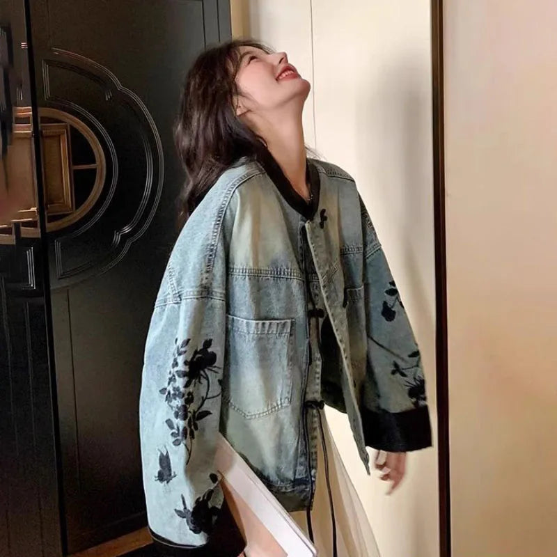 Plus Size Embroidered Denim Jacket