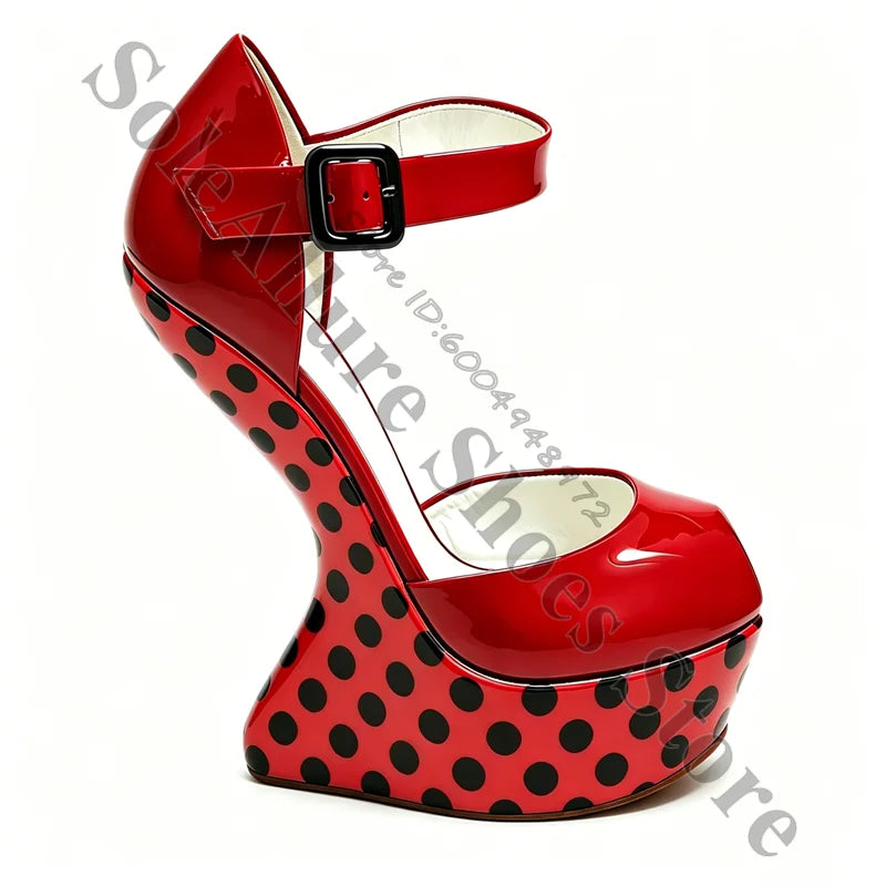 Glossy Polka Dot Buckle Strap Wedge Platform Sandals For Women