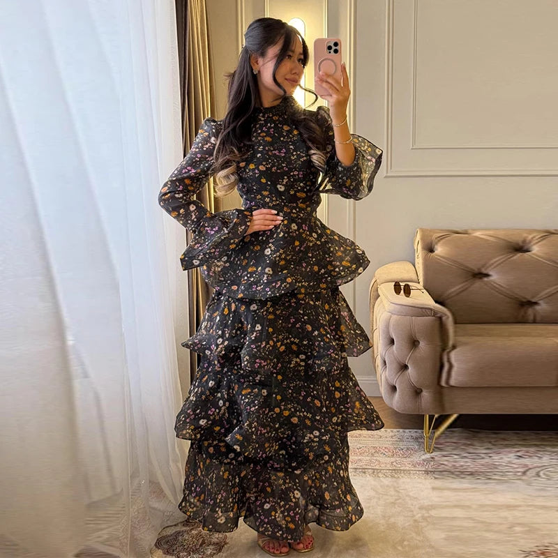 Chic Floral Bell Sleeve Floor-Length Dress For Women