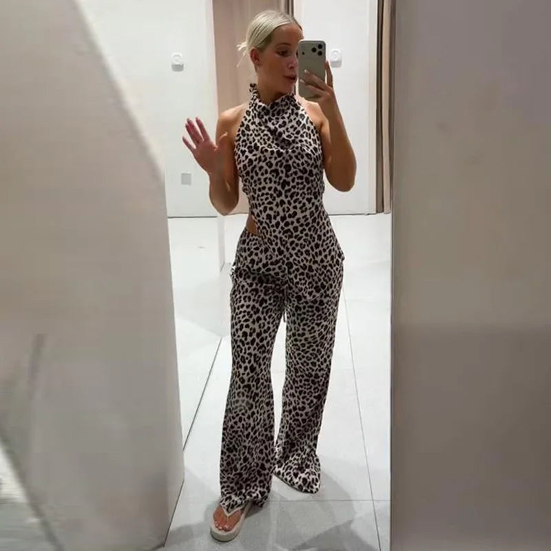 Leopard Print Halter Neck Top And High Waist Flare Pants Set For Women