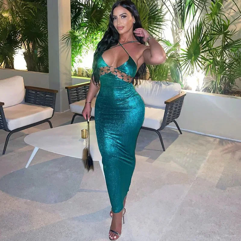 Metal Circle Hollow-Out Spaghetti Strap Backless Maxi Dress for Women