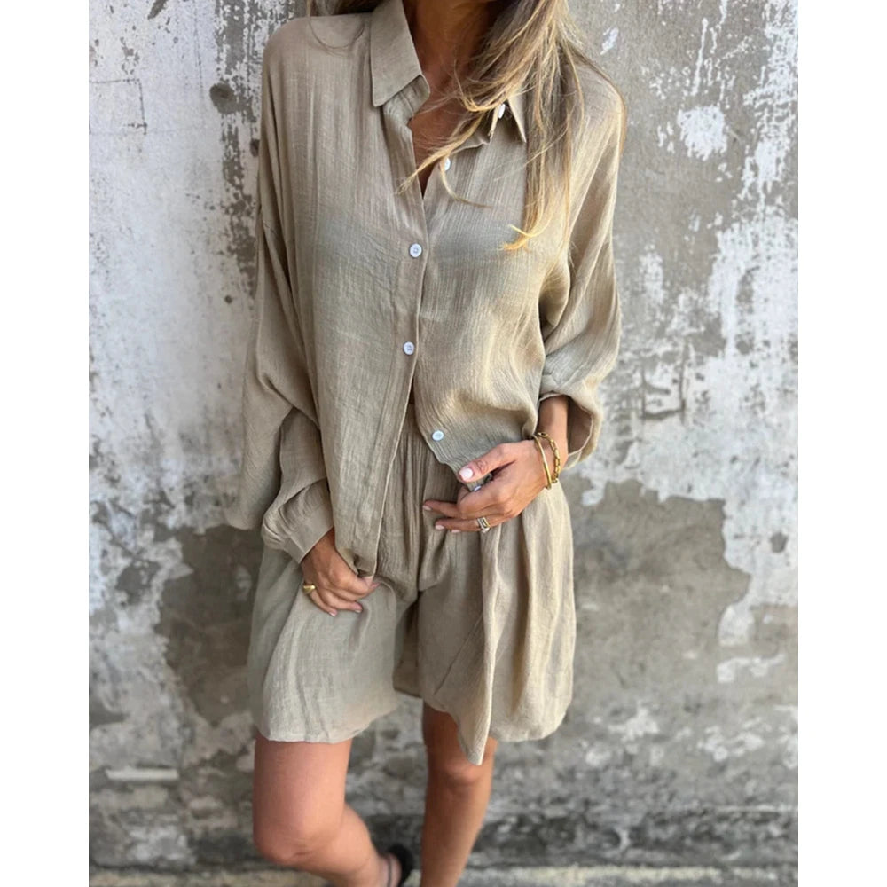 Ruched Turn-down Collar Long Sleeve Buttoned Top and Shorts Set Two Pieces Summer Outfits