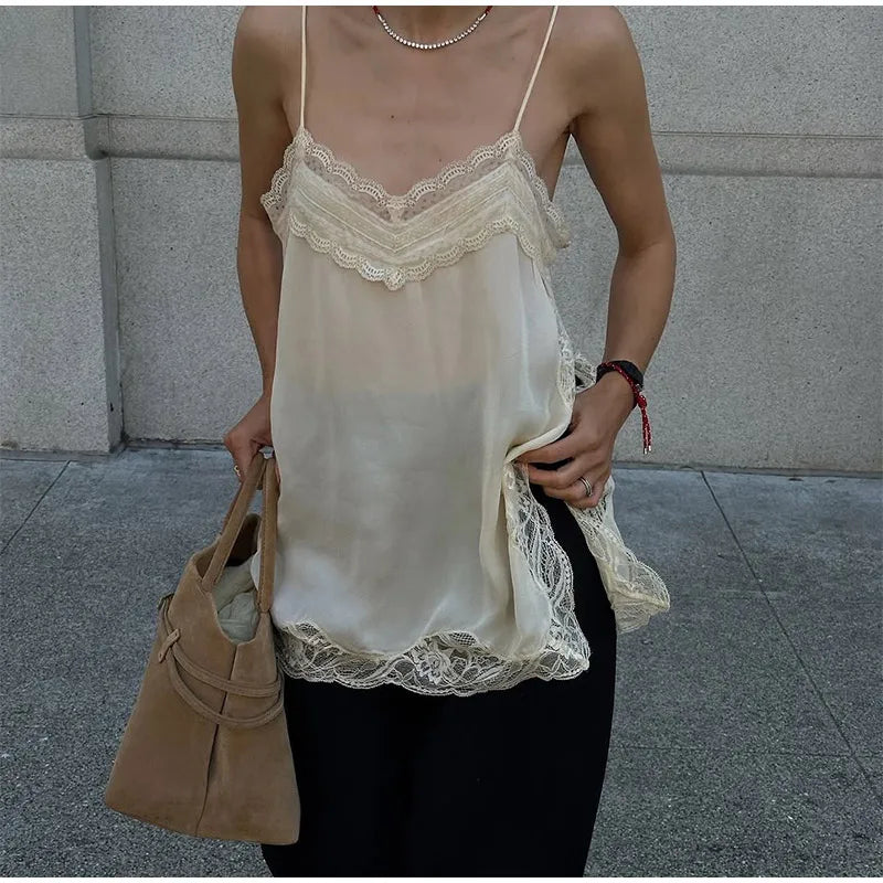 Brown Satin Lace Splicing Sling Dress Women Elegant Irregular Hem V Neck Backless Sleeveless Gown Chic Women Party Club Vestidos