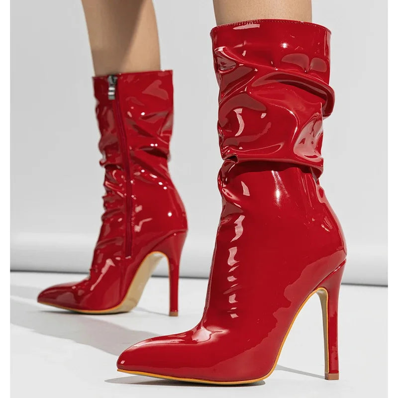 High Heel Patent Leather Pleated Ankle Boots for Women