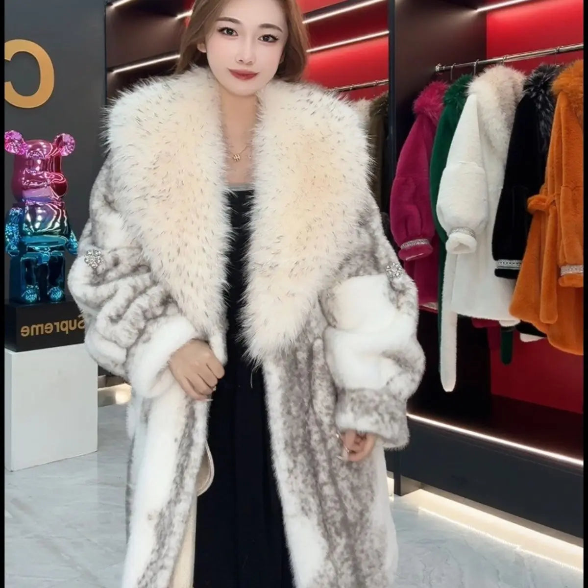 Faux Fur Coat for Women,Turn-down Collar,Loose Thicken Warm Jacket,Female Clothes,Adjustable Waist,New ,Winter