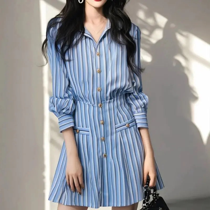Blue and White Striped Korean Style Dress for Women