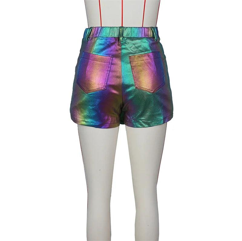 Shiny Metallic Irregular Shorts Skirts Women Y2K Clothing High Waist Button Fly Pockets Zipper Party Club Birthday Short Mujer