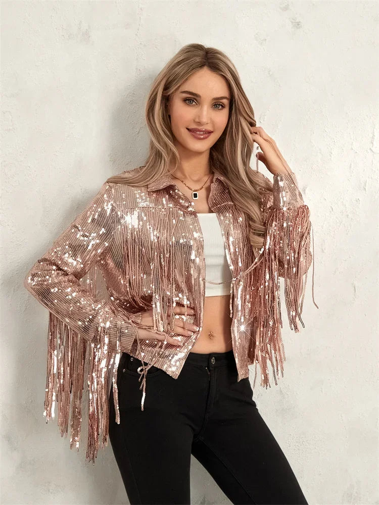 Glam Eighties Inspired Sequin Tassel Lapel Open Front Jacket for Women