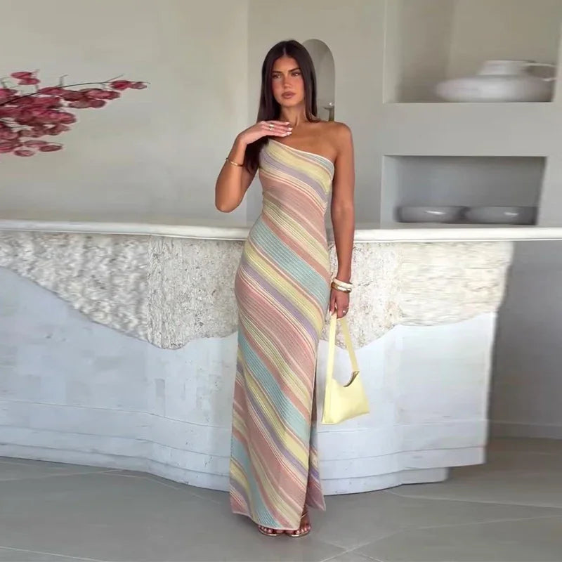 Elegant One Shoulder Printed Mid-Calf Dress for Women