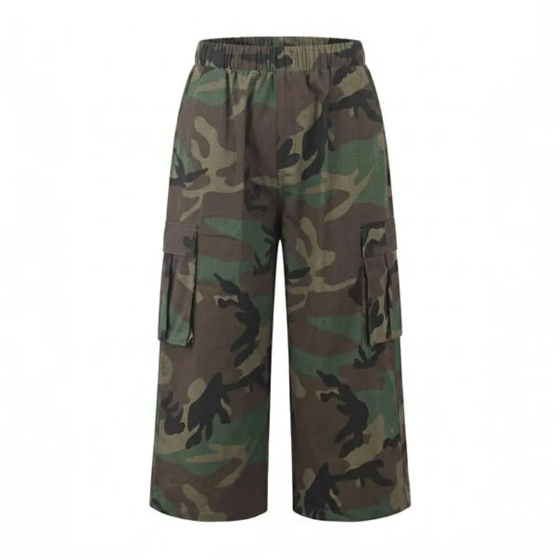 Women Camo Printed Capri Cargo Pants High Waist Loose Wide Leg Casual Streetwear Cropped Trousers