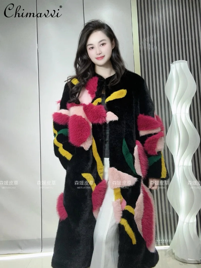 Women's Winter New Heavy Fashion Thickened Warm Light Luxury Round Neck Colorful 3D Patchwork Long Fur Elegant Women's Fur Coat