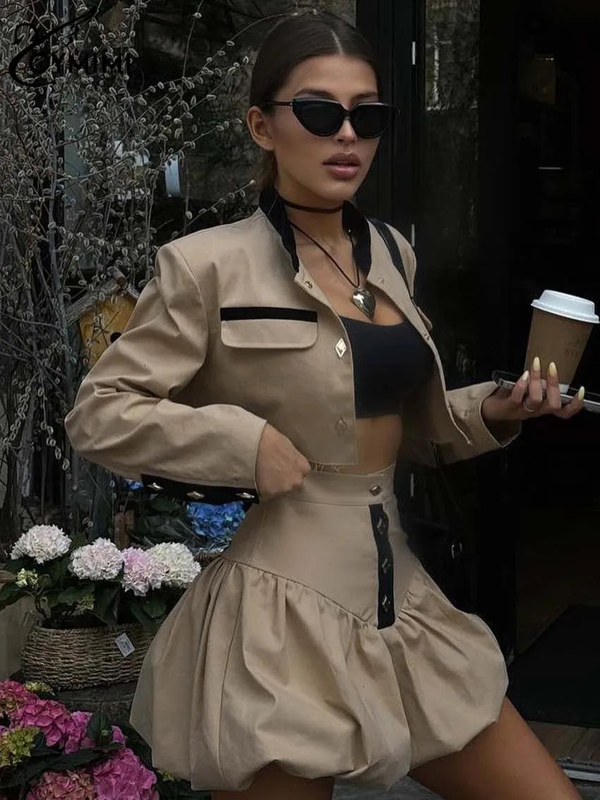 Oymimi Fashion Black Patchwork Two Piece Set For Women Casual Long Sleeve Button Pockets Crop Shirts + High Waist Mini Skirt Set