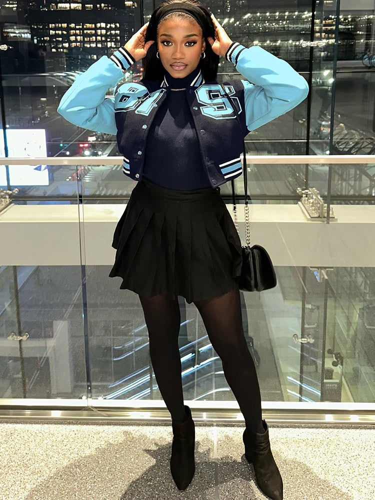 Patchwork Faux Leather Sleeve Cropped Jacket for Women