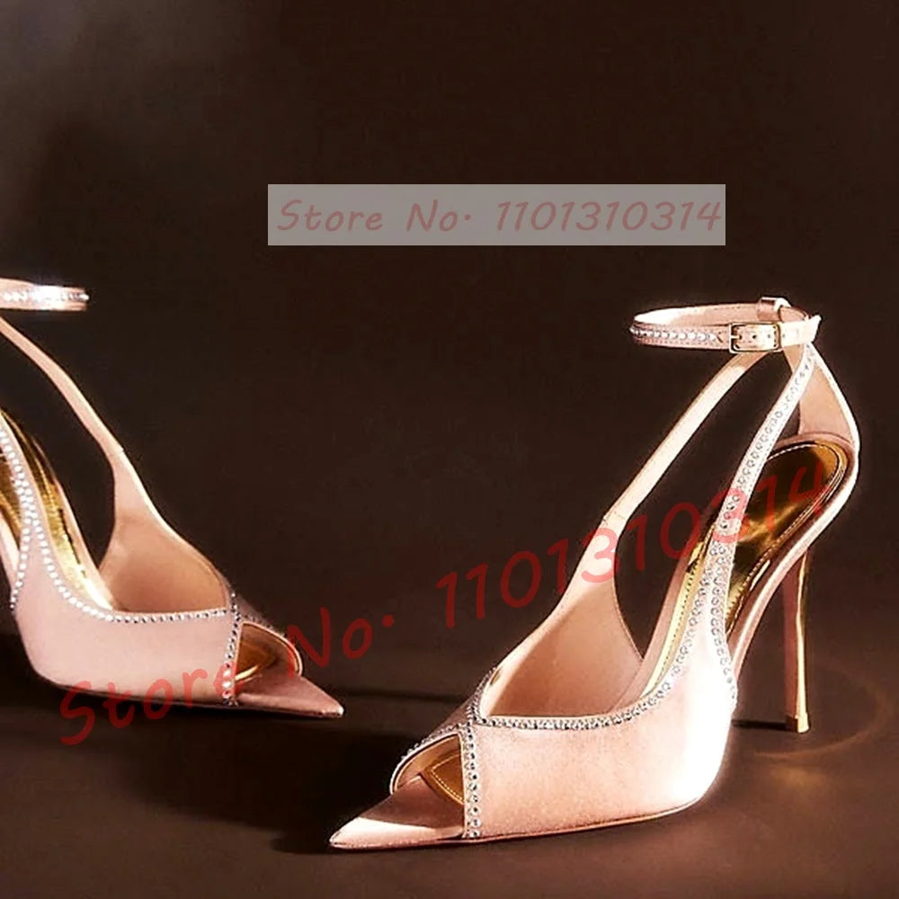 Pink Satin Peep Toe Sandals With Rhinestone Trim For Women