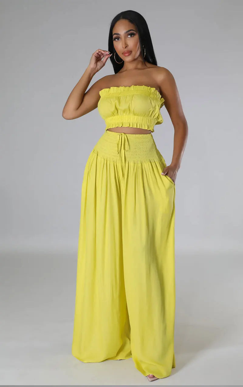 Lace Up Strapless Top Two Piece Pants Set for Women