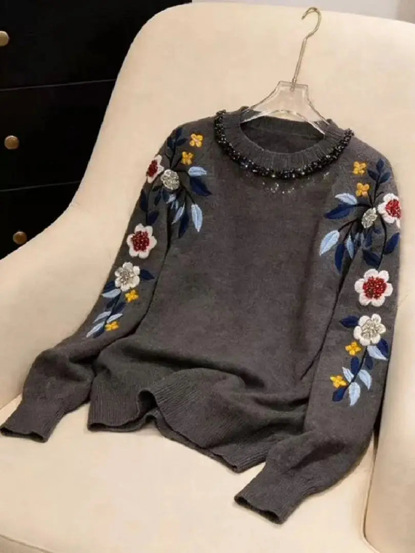 Floral Embroidered Crystal Detail Sweater for Women